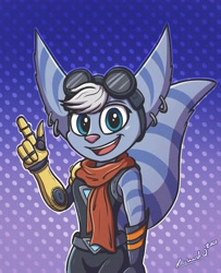 Size: 2573x3170 | Tagged: safe, artist:digitalrq, rivet (r&c), fictional species, lombax, mammal, anthro, ratchet & clank, blue eyes, clothes, ear piercing, earring, female, goggles, high res, looking at you, piercing, prosthetic arm, prosthetics, ringtail, scarf, smiling, solo, solo female, tail