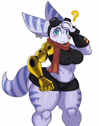 Size: 2212x2808 | Tagged: safe, artist:ss2sonic, rivet (r&c), fictional species, lombax, anthro, ratchet & clank, 2020, big breasts, blushing, breasts, clothes, crop top, ear piercing, earring, female, gloves, goggles, high res, looking at you, nipple outline, piercing, prosthetic arm, prosthetics, question mark, scarf, short shorts, solo, solo female, sweat, tank top, teal eyes, thick, topwear, wide hips