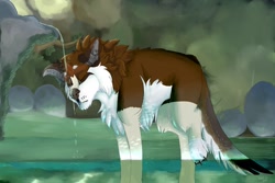 Size: 1280x853 | Tagged: safe, artist:panininha, oc, oc only, oc:panini(panininha), canine, mammal, wolf, feral, cave, eyes closed, female, solo, solo female, water