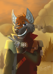 Size: 311x440 | Tagged: source needed, safe, artist:panininha, oc, oc only, oc:maverick(panininha), canine, mammal, wolf, anthro, fallout, desert, elite riot gear, fallout new vegas, grin, gun, handgun, looking at you, low res, male, ncr, ranger sequoia, revolver, smiling, solo, solo male, weapon