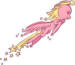 Size: 997x867 | Tagged: safe, artist:uglyfun, oc, oc only, oc:sweet treat (gyro), equine, fictional species, mammal, pegasus, pony, feral, friendship is magic, hasbro, my little pony, cutie mark, eyes closed, feathers, female, flying, fur, hooves, pink feathers, pink fur, solo, solo female, stars, tail, yellow hair