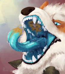 Size: 1490x1700 | Tagged: species needed, suggestive, artist:proximiter, arcanine, fictional species, jerboa, mammal, anthro, nintendo, pokémon, blue eyes, blue flesh, blue tongue, bust, colored tongue, duo, food, food play, fur, mawplay, mawshot, open mouth, oral vore, peanut butter, saliva, sharp teeth, teeth, tongue, tongue out, vore, white fur