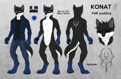 Size: 1280x835 | Tagged: safe, artist:astraltus, oc, oc only, oc:konat, canine, fox, hybrid, mammal, wolf, anthro, digitigrade anthro, blue eyes, bottomwear, cheek fluff, clothes, color palette, colour palette, featureless crotch, fluff, front view, glasses, jeans, male, neck fluff, nudity, pants, paw pads, paws, rear view, reference sheet, smiling, solo, solo male, standing, sunglasses, tail