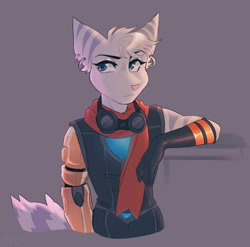 Size: 1998x1976 | Tagged: safe, artist:captynz, rivet (r&c), fictional species, lombax, mammal, anthro, ratchet & clank, blue eyes, clothes, ear piercing, earring, female, gloves, goggles, piercing, prosthetic arm, prosthetics, ringtail, scarf, solo, solo female, tail