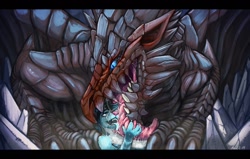 Size: 1280x815 | Tagged: suggestive, artist:acidic, dragon, fictional species, mammal, mustelid, otter, anthro, feral, monster hunter, blue flesh, blue fur, duo, fur, kushal doara, licking, macro, mawplay, oral vore, saliva, size difference, tongue, tongue out, vore