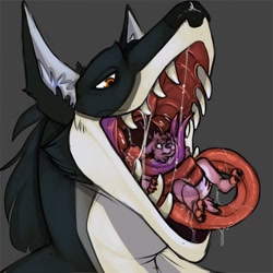 Size: 1280x1280 | Tagged: suggestive, artist:finalroar, bear, fictional species, mammal, sergal, anthro, 1:1, black fur, bust, coiling, duo, fur, gray fur, mawplay, mawshot, micro, open mouth, oral vore, saliva, size difference, vore, white fur