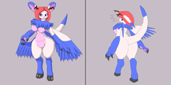 Size: 2400x1200 | Tagged: safe, artist:jesterkatz, oc, oc only, oc:april (jesterkatz), hybrid, kangaroo, lagomorph, mammal, marsupial, rabbit, anthro, 2020, antlers, breasts, chimera-roo, claws, cloven hooves, digital art, drawing, featureless breasts, featureless crotch, female, fluff, hair, hooves, looking at you, looking back, looking back at you, macropod, neck fluff, paws, pouch, purple eyes, red hair, simple background, solo, solo female, wide hips, wings