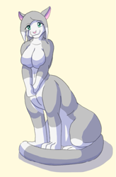 Size: 645x984 | Tagged: safe, artist:jesterkatz, cat, feline, fictional species, mammal, anthro, taur, 2019, blue eyes, breasts, chakat, cuddle buddy, cuddly, cute, featureless breasts, herm, intersex, murr, simple background, snuggly, solo, solo herm, tail