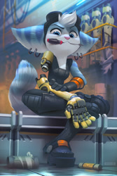 Size: 633x950 | Tagged: safe, artist:miles-df, rivet (r&c), fictional species, lombax, anthro, plantigrade anthro, ratchet & clank, amputee, blue eyes, boots, clothes, disembodied arm, ear piercing, earring, female, fluff, gloves, goggles, hair, holding, indoors, looking down, low angle, mechanical arm, mouth hold, piercing, prosthetic arm, prosthetics, ringtail, screwdriver, shoes, signature, sitting, solo, solo female, tail, tail fluff, technical advanced