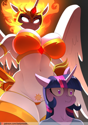 Size: 848x1200 | Tagged: suggestive, artist:chrysalisdraws, daybreaker (mlp), twilight sparkle (mlp), alicorn, equine, fictional species, mammal, pony, anthro, friendship is magic, hasbro, my little pony, anthrofied, big breasts, bra, breasts, cameltoe, clothes, curvy, cutie mark, female, female focus, gloves, glowing, glowing eyes, horn, imminent sex, legwear, long gloves, panties, scared, scrunchy face, shirt, solo focus, sweat, thigh highs, thighs, topwear, underwear, wide hips