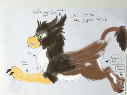 Size: 988x744 | Tagged: safe, artist:epicrainbowcrafts, furbooru exclusive, oc, oc only, oc:quill rokbik, bird, feline, fictional species, gryphon, mammal, feral, beak, bird feet, claws, feathered wings, feathers, green eyes, leonine tail, open mouth, paws, side view, solo, tail, tail tuft, talons, wings