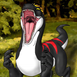 Size: 1280x1280 | Tagged: suggestive, artist:chizmo, oc, oc only, oc:chizmo, dinosaur, dragon, fictional species, hybrid, raptor, reptile, theropod, feral, bust, claws, front view, mawshot, open mouth, saliva, sharp teeth, solo, teeth