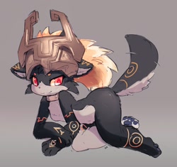 Size: 1276x1200 | Tagged: safe, artist:ancesra, midna (zelda), canine, mammal, twili, wolf, anthro, nintendo, the legend of zelda, the legend of zelda: twilight princess, breasts, collar, featureless breasts, female, fluff, headwear, small breasts, solo, solo female, species swap, tail