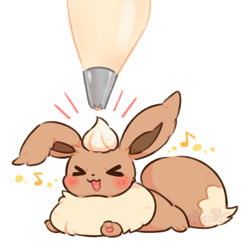 Size: 800x800 | Tagged: safe, artist:狼の翼, eevee, fictional species, mammal, feral, nintendo, pokémon, 1:1, 2017, ambiguous gender, blushing, chest fluff, cute, eyes closed, floppy ears, fluff, food, happy, lying down, musical note, open mouth, open smile, pastry bag, paw pads, paws, signature, smiling, solo, solo ambiguous, tail