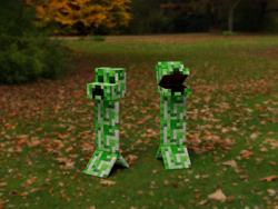 Size: 800x600 | Tagged: safe, artist:jesterkatz, creeper (minecraft), fictional species, ambiguous form, cubivore, minecraft, 2020, 3d, blender, crossover, duo, not salmon, outdoors, tree, video game, wat