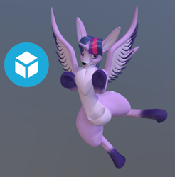 Size: 521x529 | Tagged: safe, artist:jesterkatz, twilight sparkle (mlp), alicorn, equine, fictional species, hybrid, kangaroo, mammal, marsupial, pony, feral, friendship is magic, hasbro, my little pony, 3d, blender, cheek fluff, chest fluff, cute, female, fluff, hooves, horn, macropod, playful, purple eyes, sketchfab, solo, solo female, tongue out, twilight (mlp), whiskers, wings