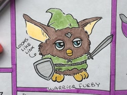 Size: 1080x814 | Tagged: safe, artist:dokidokistudios, glinda the good witch (the wizard of oz), link (zelda), fictional species, furby, feral, hasbro, nintendo, the legend of zelda, the wizard of oz, 2020, clothes, english text, female, feralized, furbyfied, furrified, hat, male, male focus, shield, solo focus, species swap, sword, text, traditional art, weapon, witch, witch furby