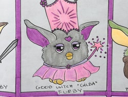Size: 1006x759 | Tagged: safe, artist:dokidokistudios, glinda the good witch (the wizard of oz), fictional species, furby, feral, hasbro, the wizard of oz, 2020, bottomwear, clothes, female, feralized, furrified, hat, magic wand, skirt, solo, solo female, species swap, text, traditional art, witch