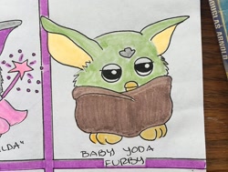 Size: 1006x759 | Tagged: safe, artist:dokidokistudios, grogu (star wars), fictional species, furby, anthro, hasbro, star wars, the mandalorian, 2020, clothes, irl, male, photo, photographed artwork, solo, solo focus, solo male, species swap, text, traditional art