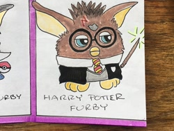 Size: 1006x759 | Tagged: safe, artist:dokidokistudios, harry potter (harry potter), fictional species, furby, anthro, harry potter (series), hasbro, wizarding world, 2020, clothes, glasses, magic wand, necktie, round glasses, scar, solo, species swap, text, traditional art
