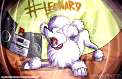 Size: 1077x700 | Tagged: safe, artist:palmarianfire, leonard (the secret life of pets), canine, dog, mammal, poodle, feral, the secret life of pets, 2016, ambiguous gender, boombox, collar, english text, eyes closed, fur, hashtag, open mouth, screaming, solo, solo ambiguous, speakers, tail, teeth, text, watermark, white fur