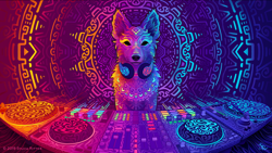 Size: 1200x675 | Tagged: safe, artist:sylviaritter, oc, oc only, canine, dingo, mammal, feral, 16:9, 2019, ambiguous gender, cheek fluff, color porn, disco dingo, dj, ear fluff, fluff, front view, fur, headphones, looking at you, multicolored fur, psychedelic, signature, solo, solo ambiguous, turntable, watermark