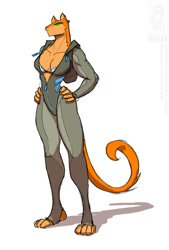Size: 643x952 | Tagged: species needed, suggestive, artist:jollyjack, oc, oc only, feline, mammal, anthro, plantigrade anthro, absolute cleavage, bra, breasts, cleavage, clothes, green eyes, hoodie, solo, suit, topwear, underwear