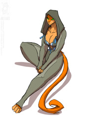 Size: 684x993 | Tagged: species needed, safe, artist:jollyjack, oc, oc only, feline, mammal, anthro, absolute cleavage, bra, breasts, cleavage, clothes, green eyes, hoodie, solo, suit, topwear, underwear