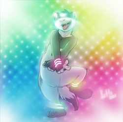 Size: 1280x1272 | Tagged: safe, artist:iztli, ferret, mammal, mustelid, anthro, abstract background, color porn, dancing, eyes closed, featureless crotch, glow stick, male, nudity, open mouth, paws, rainbow background, solo, solo male, tail