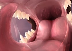 Size: 1280x904 | Tagged: suggestive, artist:vraze, dragon, fictional species, ambiguous form, bust, front view, mawshot, mouth, open mouth, saliva, sharp teeth, solo, teeth, three-quarter view, tongue