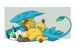 Size: 1280x807 | Tagged: safe, artist:thatwildmary, oc, oc only, oc:coulias, bird, feline, fictional species, gryphon, feral, beak, blue feathers, claws, feathers, fur, green feathers, paw pads, paws, solo, underpaw, white feathers, yellow eyes, yellow feathers, yellow fur
