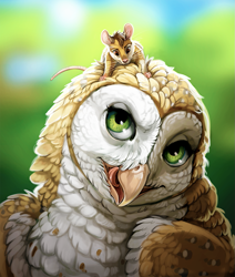 Size: 1017x1200 | Tagged: safe, artist:theowlette, bird, bird of prey, mammal, mouse, owl, rodent, feral, bust, duo, feathers, green eyes, licking beak, portrait