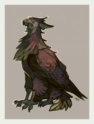 Size: 976x1280 | Tagged: safe, artist:jagal, oc, oc only, oc:vanagas, bird, feline, fictional species, gryphon, feral, beak, claws, feathered wings, feathers, green eyes, paws, solo, talons, wings
