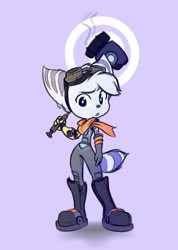Size: 1800x2526 | Tagged: safe, artist:mikemichaelmic1, rivet (r&c), fictional species, lombax, mammal, anthro, plantigrade anthro, ratchet & clank, boots, clothes, ear piercing, earring, female, gloves, goggles, high res, looking at you, mace, piercing, prosthetic arm, prosthetics, scarf, shoes, solo, solo female