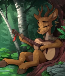 Size: 1900x2200 | Tagged: safe, artist:yakovlev-vad, oc, oc only, oc:renn, cervid, deer, mammal, feral, 2020, acoustic guitar, antlers, clothes, cloven hooves, digital art, eyes closed, featured image, forest, guitar, high res, hooves, hooves how do they work?, male, music, musical instrument, outdoors, sitting, smiling, solo, solo male, tree, underhoof