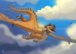 Size: 1240x877 | Tagged: safe, artist:amarian, oc, oc:malfaren, dragon, fictional species, reptile, scaled dragon, western dragon, feral, ambient bird, ambient wildlife, claws, cloud, flying, horns, open mouth, sharp teeth, solo focus, tail, teeth, webbed wings, wings