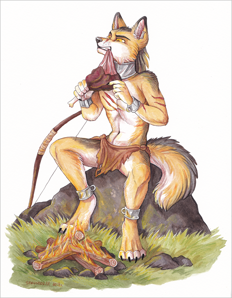 safe, artist:snowsnow11, canine, mammal, wolf, anthro, bow, fire, food, mal...
