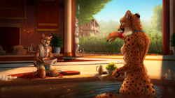 Size: 1728x972 | Tagged: safe, artist:titus weiss, cheetah, feline, mammal, anthro, 16:9, bath, breasts, butt, candle, cottagecore, ears, eyes closed, fur, group, licking, orange body, orange fur, pool, spotted fur, tail, tongue, tongue out, trio, water