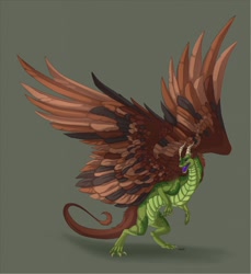 Size: 1170x1280 | Tagged: safe, artist:aimee-lesley-sim, bird, dragon, feline, fictional species, gryphon, hybrid, mammal, reptile, feral, claws, feathered wings, feathers, horns, reptile feet, sharp teeth, signature, solo, standing, tail, tail tuft, teeth, wings