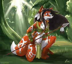 Size: 1280x1132 | Tagged: safe, artist:cinnamonhunter, oc, oc only, oc:kisha (kyledamora), canine, fox, mammal, anthro, digitigrade anthro, arrow, blue eyes, breasts, cleavage, clothes, female, forest, grass, hair, jungle, kneeling, loincloth, outdoors, paw pads, paws, signature, solo, solo female, spear, sunbeam, weapon