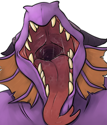 Size: 1709x2000 | Tagged: suggestive, artist:finalroar, oc, oc only, oc:kurrikage, dragon, fictional species, reptile, anthro, bust, fins, forked tongue, front view, horns, mawshot, open mouth, saliva, sharp teeth, simple background, solo, teeth, tongue, tongue out, white background