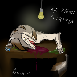 Size: 2480x2483 | Tagged: safe, artist:draim, oc, oc only, oc:peppercorn, fictional species, mammal, sergal, anthro, abstract background, alcohol, black background, bloodshot eyes, drink, english text, female, fluff, high res, lying down, neck fluff, pepper, signature, simple background, sitting, solo, solo female, text, wine, wine bottle