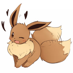 Size: 1000x1000 | Tagged: safe, artist:faeki_dk, eevee, fictional species, mammal, feral, nintendo, pokémon, 1:1, 2016, chest fluff, ears, fluff, head fluff, heart, long ears, looking at something, one eye closed, open mouth, paws, side view, simple background, solo, tail, tail fluff, three-quarter view, tongue, white background, winking