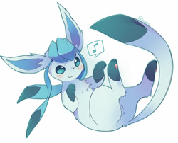 Size: 900x727 | Tagged: safe, artist:faeki_dk, eeveelution, fictional species, glaceon, mammal, feral, nintendo, pokémon, 2016, lying down, musical note, on back, paws, pictogram, simple background, smiling, solo, underpaw, white background