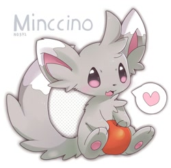 Size: 1000x982 | Tagged: safe, artist:faeki_dk, fictional species, minccino, feral, nintendo, pokémon, apple, big ears, ear fluff, ears, english text, fluff, fur, gray fur, heart, name tag, open mouth, paw pads, paws, pictogram, side view, simple background, sitting, smiling, solo, tail, tail fluff, text, three-quarter view, tongue, underpaw, white background, white fur