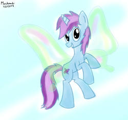 Size: 1280x1202 | Tagged: safe, artist:mushrooshi, oc, oc only, oc:gyro tech, equine, fictional species, mammal, pony, unicorn, feral, friendship is magic, hasbro, my little pony, blue fur, butterfly wings, cutie mark, ears, fur, green eyes, hooves, horn, magic, male, pink hair, purple hair, solo, solo male, tail, wings