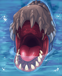 Size: 999x1227 | Tagged: suggestive, artist:imperatorcaesar, cetacean, fictional species, mammal, whamon, feral, ambiguous gender, bust, mawshot, open mouth, partially submerged, saliva, sharp teeth, solo, solo ambiguous, teeth, tongue, water