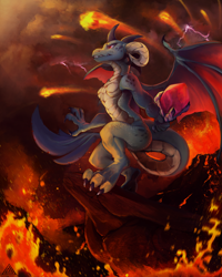 Size: 1122x1401 | Tagged: safe, artist:elicitie, princess ember (mlp), dragon, fictional species, reptile, scaled dragon, western dragon, anthro, friendship is magic, hasbro, my little pony, female, fire, lava, solo, solo female, webbed wings, wings