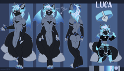 Size: 1280x731 | Tagged: species needed, safe, alternate version, artist:casparr, oc, oc only, oc:luca (reiyun), anthro, digitigrade anthro, 2019, ambiguous gender, arm warmers, butt, clothes, collar, color palette, ear fluff, featureless crotch, fluff, front view, hair, horns, leg warmers, legwear, loincloth, multiple tails, neck fluff, paw pads, paws, pet tag, rear view, reference sheet, signature, solo, solo ambiguous, tail, thigh highs, three tails, three-quarter view, toeless legwear, webbed wings, wings