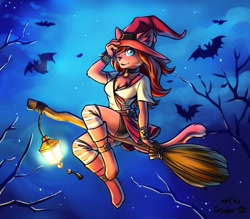 Size: 1280x1119 | Tagged: safe, artist:cotopes, oc, oc:raelyn (raelynwrites), bat, cat, feline, mammal, anthro, feral, ambient wildlife, blue eyes, boots, breasts, broom, chest fluff, clothes, female, female focus, fluff, flying broomstick, hair, hat, lantern, legwear, night, shoes, signature, silhouette, socks, solo focus, striped clothes, striped legwear, tree, witch, witch hat